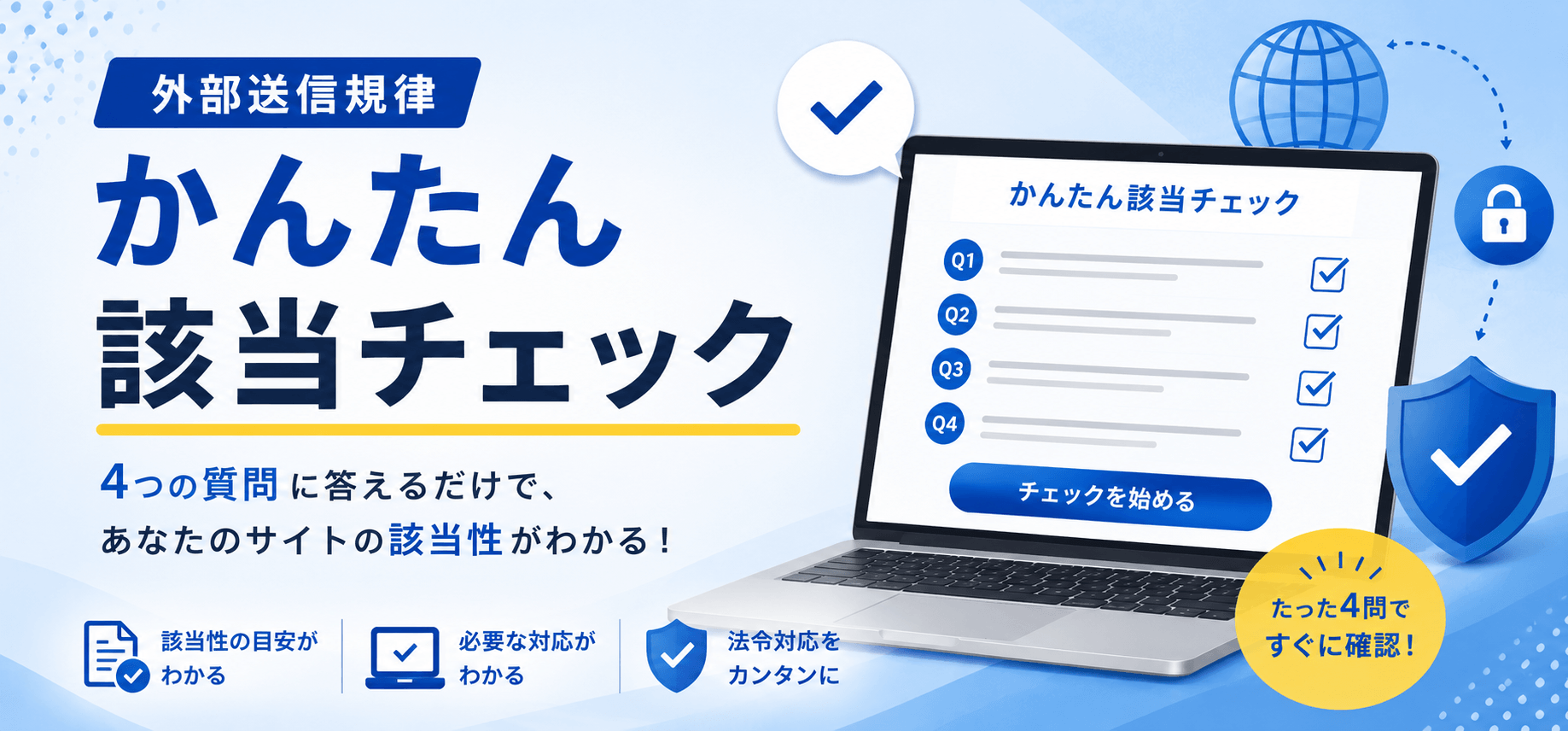 外部送信規律 かんたん該当チェック — 4つの質問に答えるだけで、あなたのサイトの該当性がわかる無料診断ツール